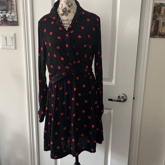 GANNI Twist-Front Shirtdress Barra Black/Red Polka Dot Print Crepe Size 38 - Picture 5 of 9